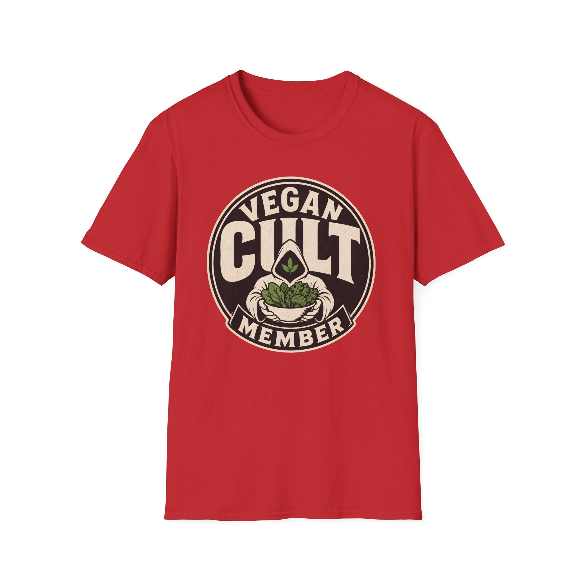 A red short-sleeve crewneck t-shirt featuring a circular graphic on the chest that reads 'VEGAN CULT MEMBER' with a green leaf illustration, shown against a plain white background.