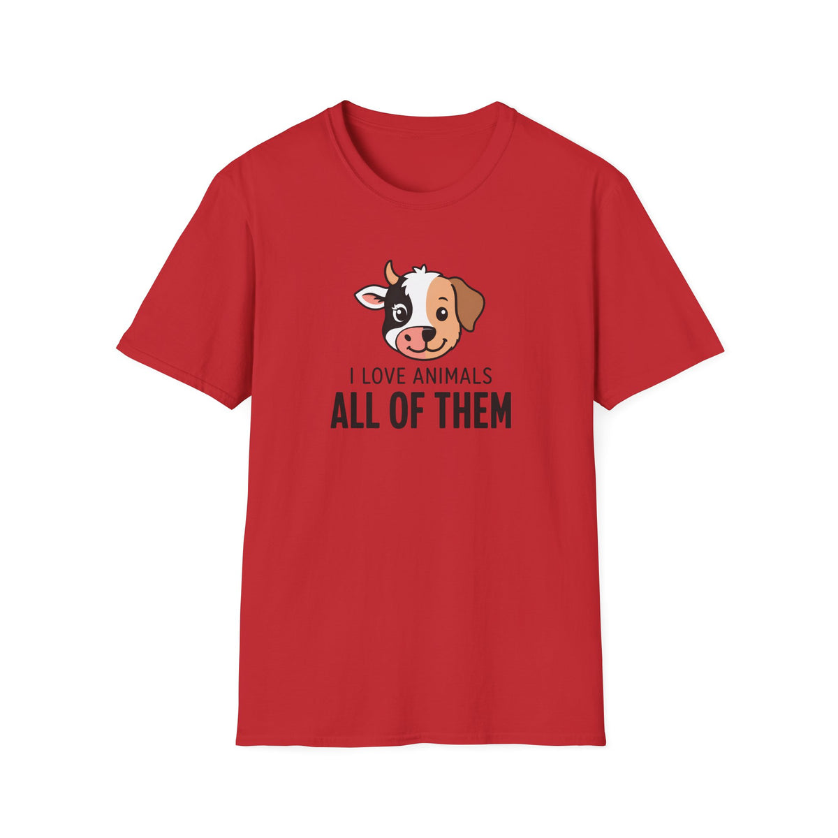 A red short-sleeve crewneck t-shirt featuring a cartoon dog graphic and the text 'I LOVE ANIMALS ALL OF THEM' printed on the chest, displayed against a solid white background.