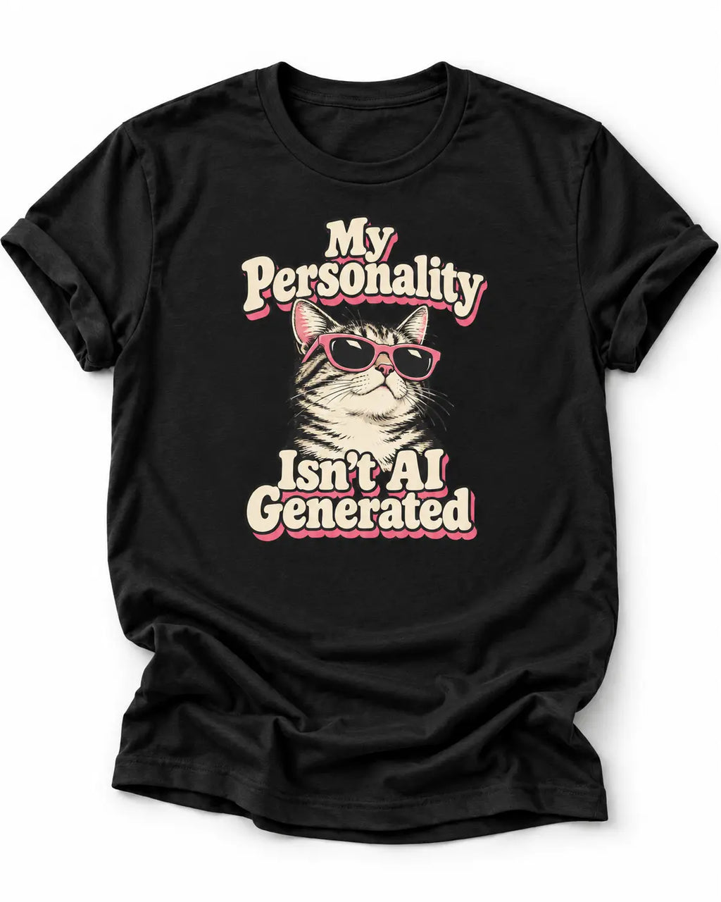 Retro graphic T-shirt design featuring a cool cat in pink sunglasses with the words “My Personality Isn’t AI Generated” in cream and pink lettering.