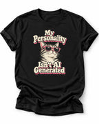 Retro graphic T-shirt design featuring a cool cat in pink sunglasses with the words “My Personality Isn’t AI Generated” in cream and pink lettering.