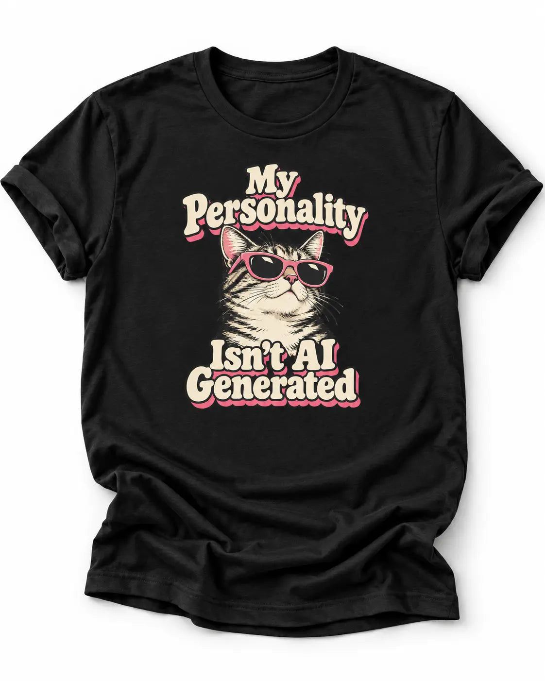 Retro graphic T-shirt design featuring a cool cat in pink sunglasses with the words “My Personality Isn’t AI Generated” in cream and pink lettering.