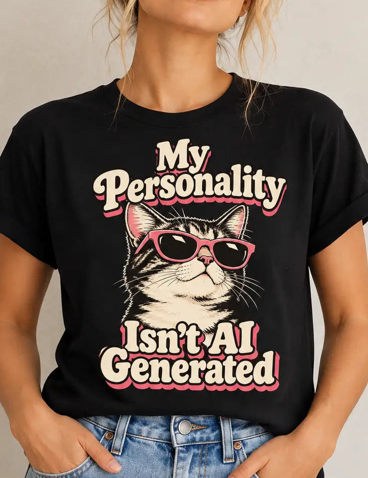 Retro graphic T-shirt design featuring a cool cat in pink sunglasses with the words “My Personality Isn’t AI Generated” in cream and pink lettering.