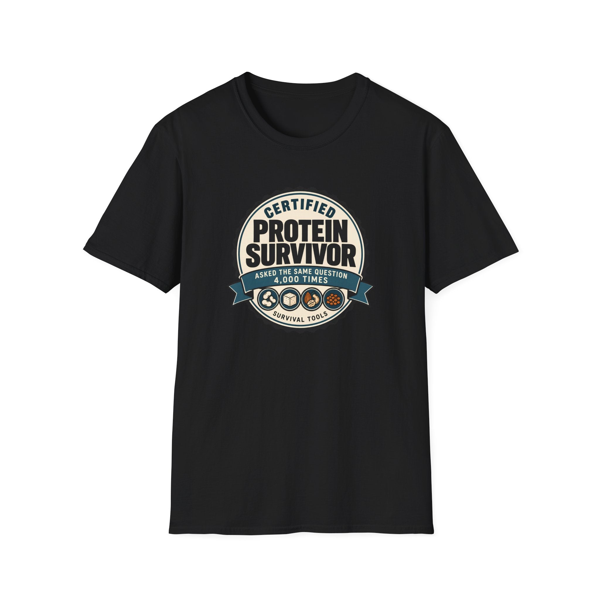 Retro badge style graphic reading "Certified Protein Survivor" with the words "Asked the Same Question 4,000 Times" and icons representing beans, tofu, nuts, and lentils.