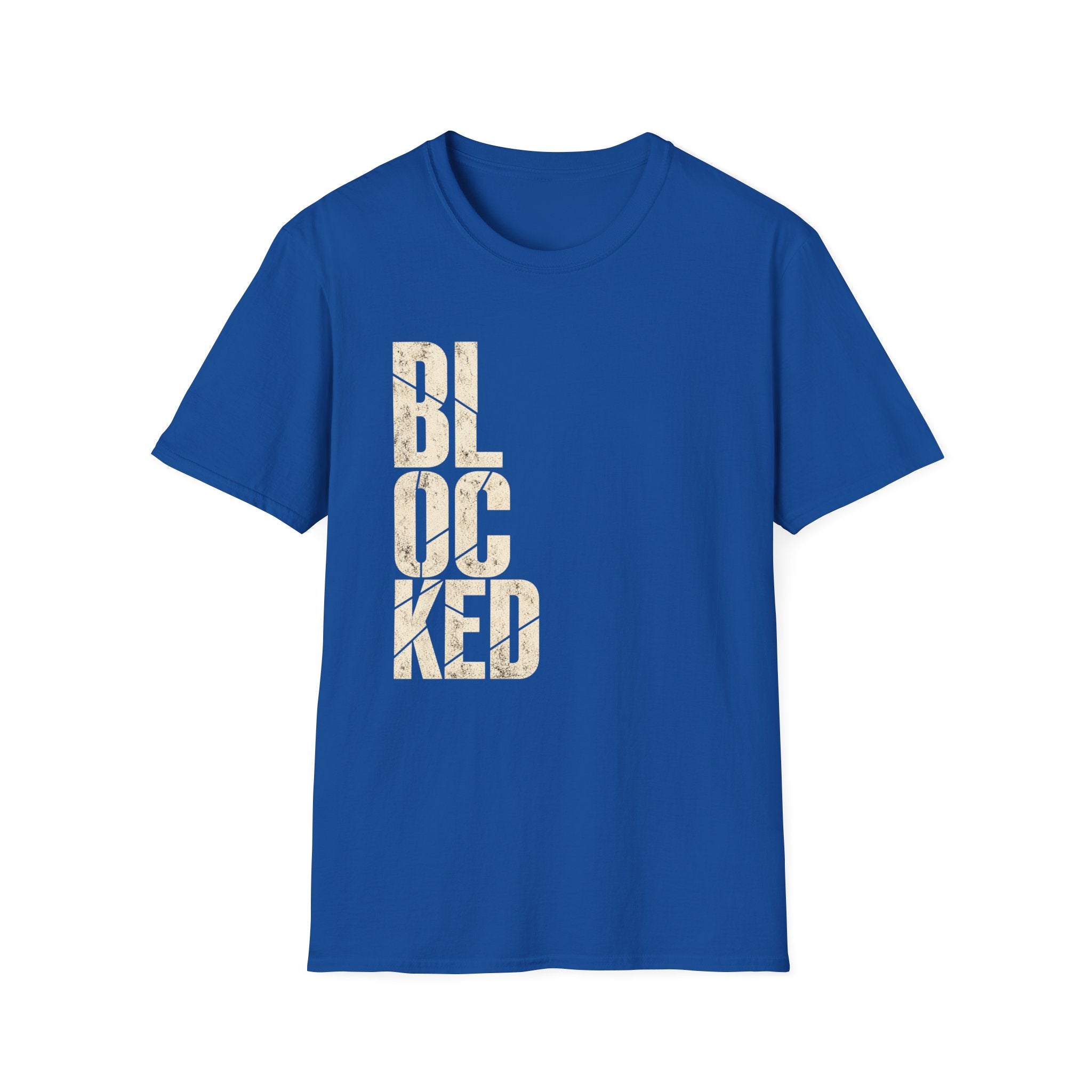 A royal blue short-sleeve crewneck t-shirt featuring the word 'BLOCKED' printed vertically on the front in a distressed, textured off-white font, shown against a plain white background.