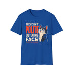 A royal blue short-sleeve t-shirt with a graphic print on the front. The graphic features the text 'THIS IS MY POLITE LISTENING FACE' in white and orange lettering next to an illustration of a grumpy black and white cat.