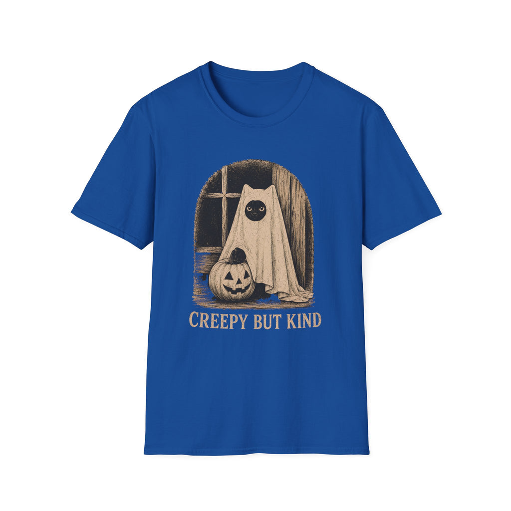 A royal blue short-sleeve crewneck t-shirt featuring a vintage-style Halloween graphic of a ghostly figure with a pumpkin, with the text 'CREEPY BUT KIND' printed below in beige.