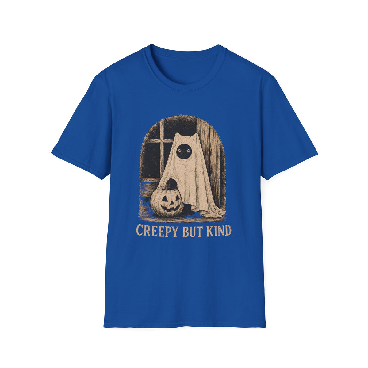 A royal blue short-sleeve crewneck t-shirt featuring a vintage-style Halloween graphic of a ghostly figure with a pumpkin, with the text 'CREEPY BUT KIND' printed below in beige.