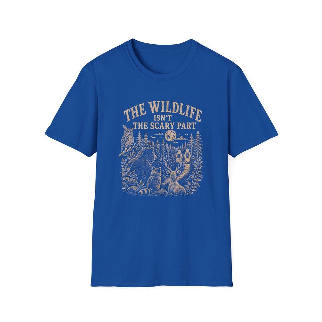 A royal blue short-sleeve crewneck t-shirt with a vintage-style cream graphic on the front. The graphic features the text 'THE WILDLIFE ISN'T THE SCARY PART' above an illustration of a forest scene with a deer, raccoon, owl, and a moon with stars.