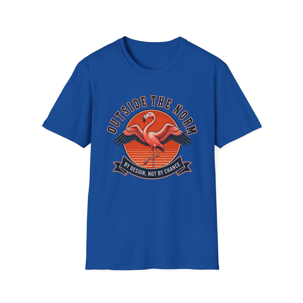 Royal blue T-shirt with Flamingo design and text 'outside the norm. by design not by chance