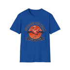 Royal blue T-shirt with Flamingo design and text 'outside the norm. by design not by chance
