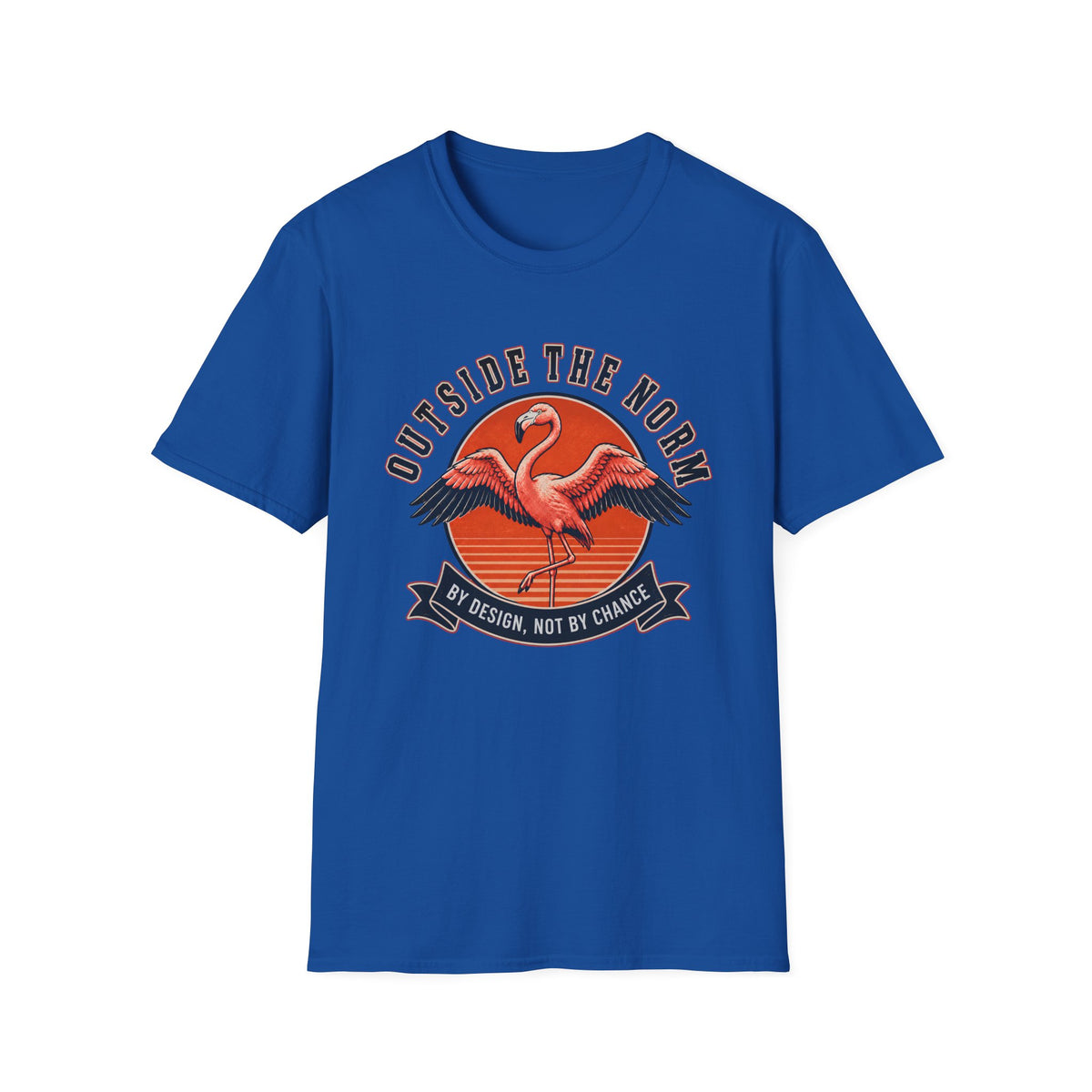 Royal blue T-shirt with Flamingo design and text 'outside the norm. by design not by chance