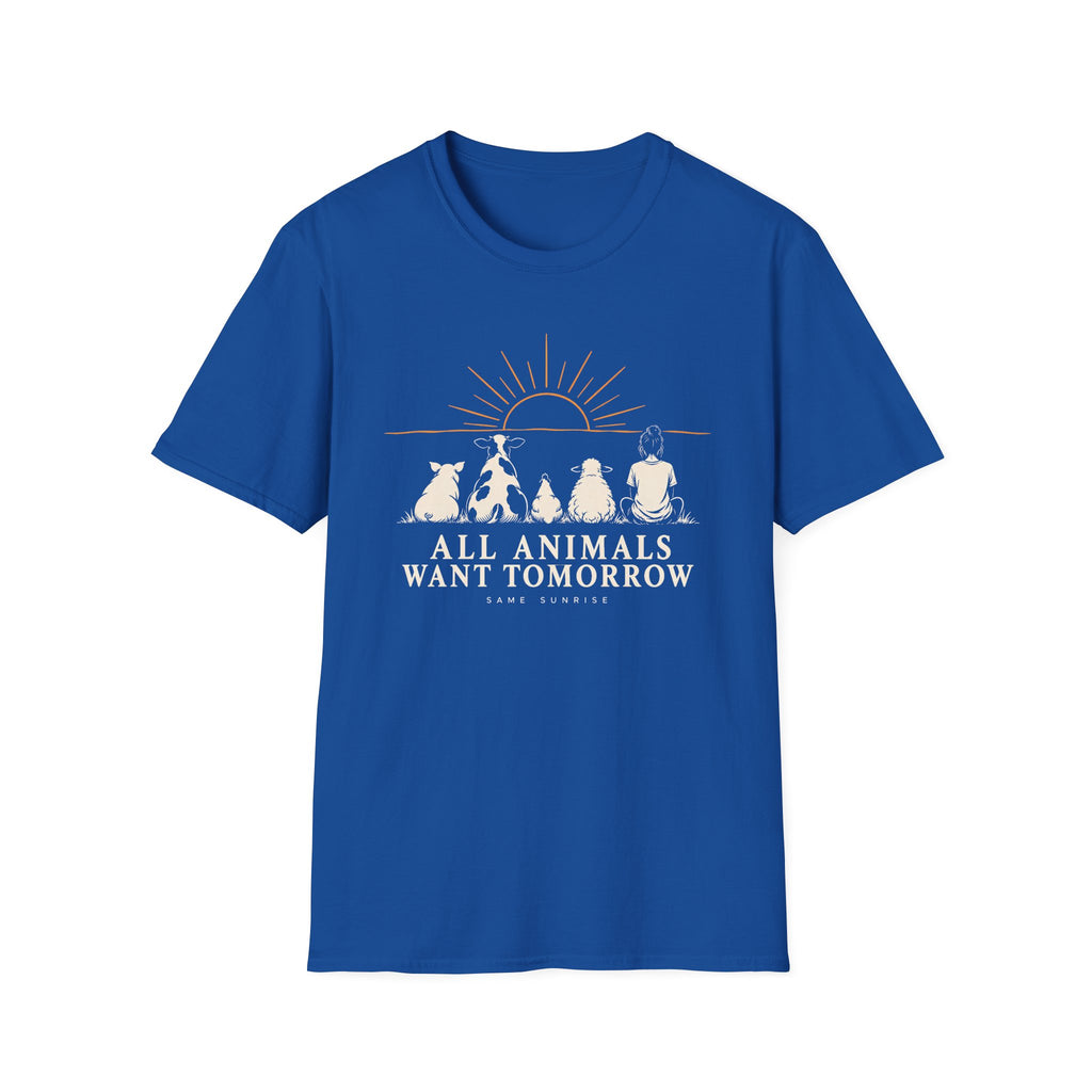 Royal Blue graphic T-shirt design showing a pig, cow, chicken, sheep and person sitting together beneath a sunrise with the words “All Animals Want Tomorrow” and “Same Sunrise.”