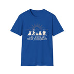 Royal Blue graphic T-shirt design showing a pig, cow, chicken, sheep and person sitting together beneath a sunrise with the words “All Animals Want Tomorrow” and “Same Sunrise.”