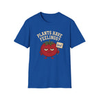 A royal blue short-sleeve t-shirt with a graphic on the front. The graphic features a red cartoon tomato character holding a sign that says 'bro!' under the text 'PLANTS HAVE FEELINGS?' in a cream-colored arched font.
