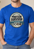 Man wearing a royal blue t-shirt with text 'certified protein survivor'