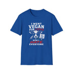 A royal blue short-sleeve crewneck t-shirt with a graphic print on the front. The graphic features a cow illustration and text that reads 'I WENT VEGAN FOR LOVE NOW I HATE EVERYONE' in white and red lettering, alongside a small sign reading 'NOT YOUR BABY'.