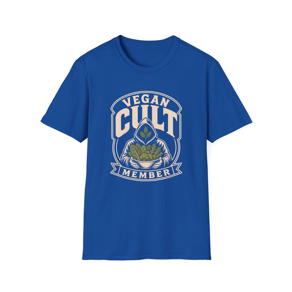 Royal blue t-shirt with text 'vegan cult member'