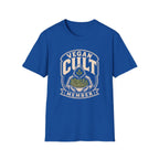 Royal blue t-shirt with text 'vegan cult member'