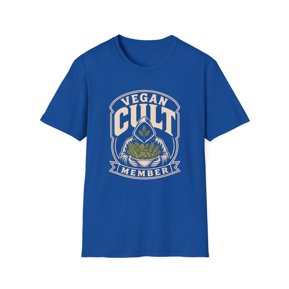 Royal blue t-shirt with text 'vegan cult member'