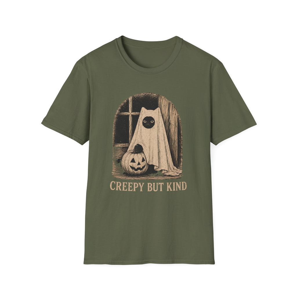 An olive green short-sleeve crewneck t-shirt featuring a vintage-style Halloween graphic of a ghostly figure with a pumpkin, with the text 'CREEPY BUT KIND' printed below.