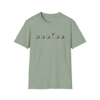 Sage green short-sleeve crewneck t-shirt featuring a graphic print on the chest of five coffee cups in a row, with the center cup replaced by a martini glass filled with red drink.