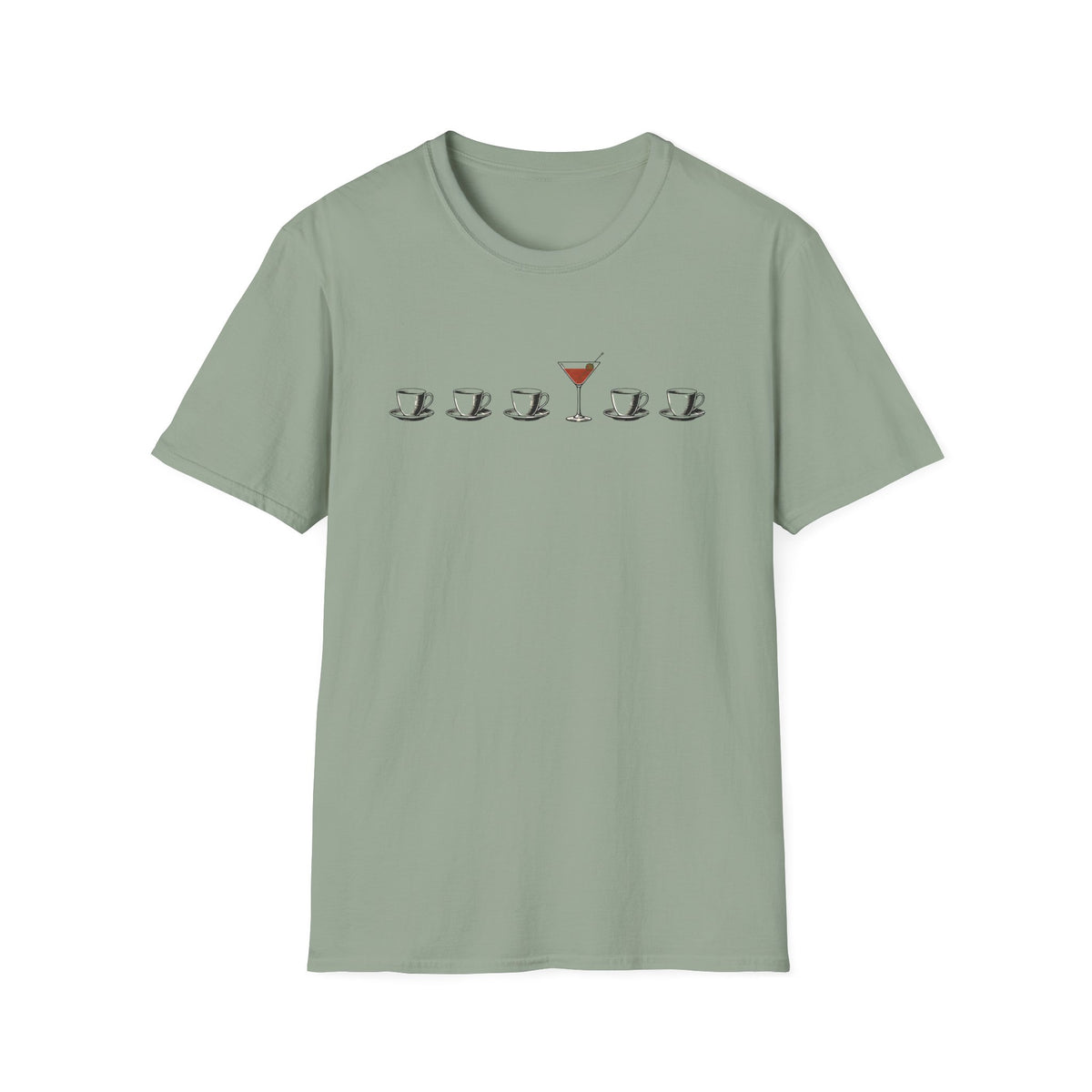 Sage green short-sleeve crewneck t-shirt featuring a graphic print on the chest of five coffee cups in a row, with the center cup replaced by a martini glass filled with red drink.