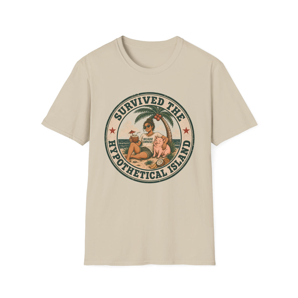 A sand colored crewneck t-shirt featuring a circular retro graphic on the chest with the text 'SURVIVED THE HYPOTHETICAL ISLAND' and an illustration of a woman and dog on a beach under a palm tree.