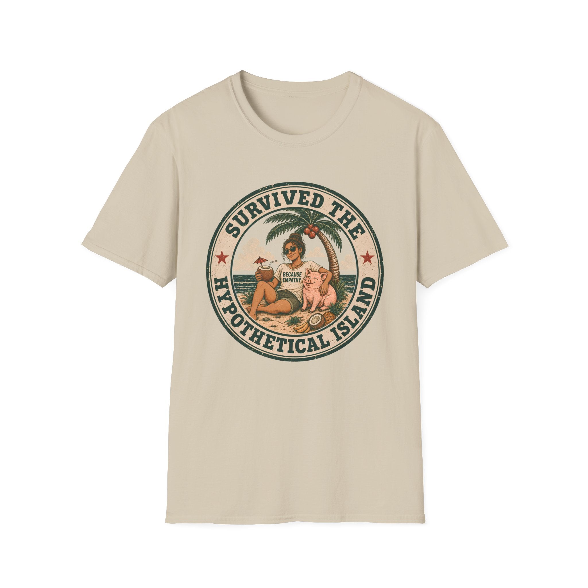 A sand colored crewneck t-shirt featuring a circular retro graphic on the chest with the text 'SURVIVED THE HYPOTHETICAL ISLAND' and an illustration of a woman and dog on a beach under a palm tree.