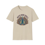 Sand t-shirt with a peacock design and text 'never doing subtle'
