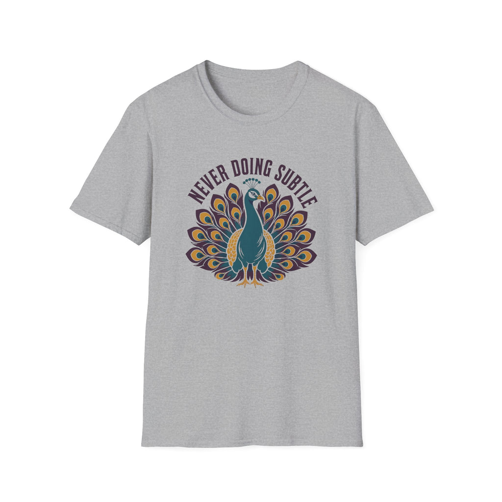 Sports grey t-shirt with a peacock design and text 'never doing subtle'