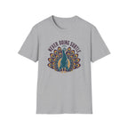 Sports grey t-shirt with a peacock design and text 'never doing subtle'