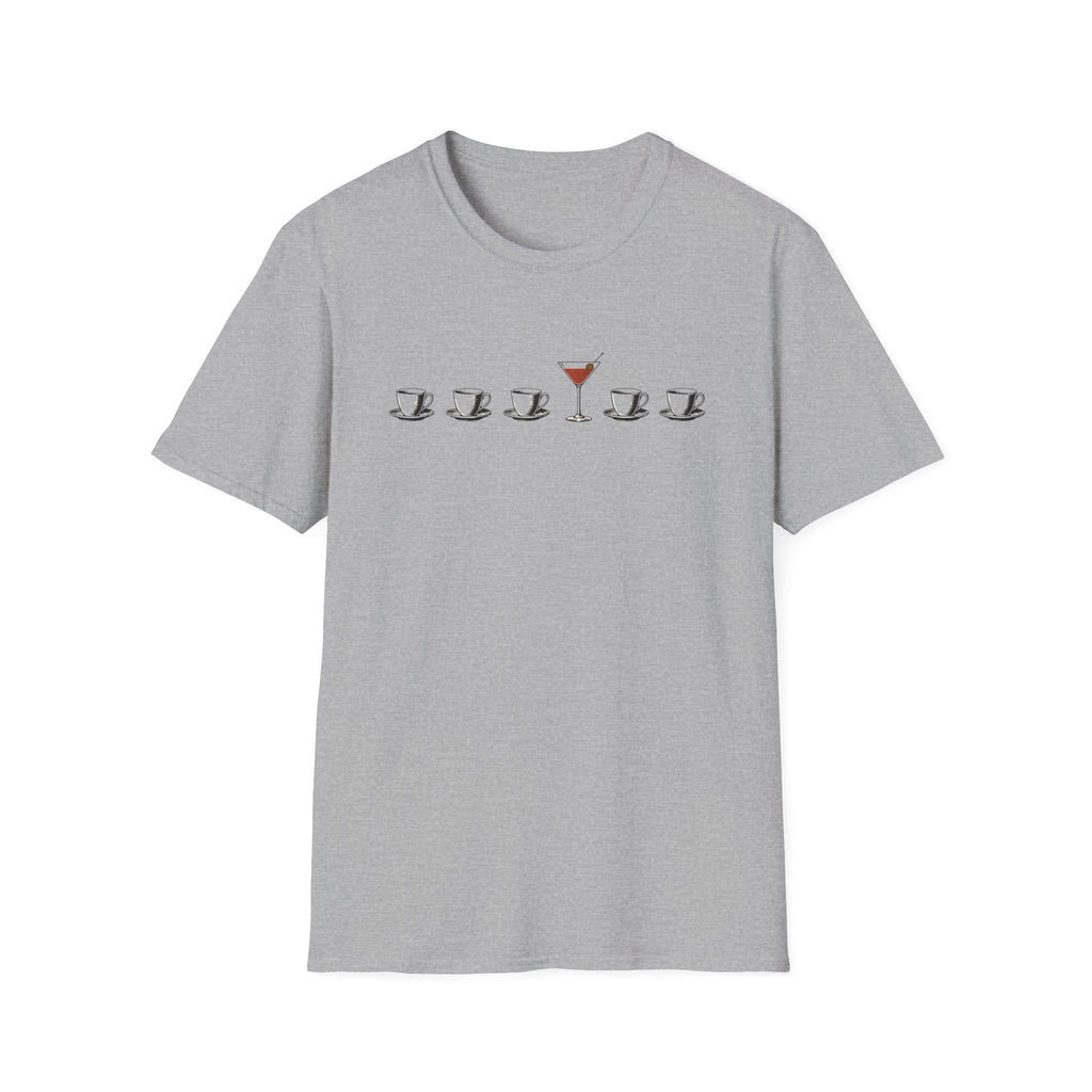 Sports grey short-sleeve crewneck t-shirt featuring a graphic print on the chest of five coffee cups in a row, with the center cup replaced by a martini glass filled with red drink.