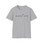 Sports grey short-sleeve crewneck t-shirt featuring a graphic print on the chest of five coffee cups in a row, with the center cup replaced by a martini glass filled with red drink.