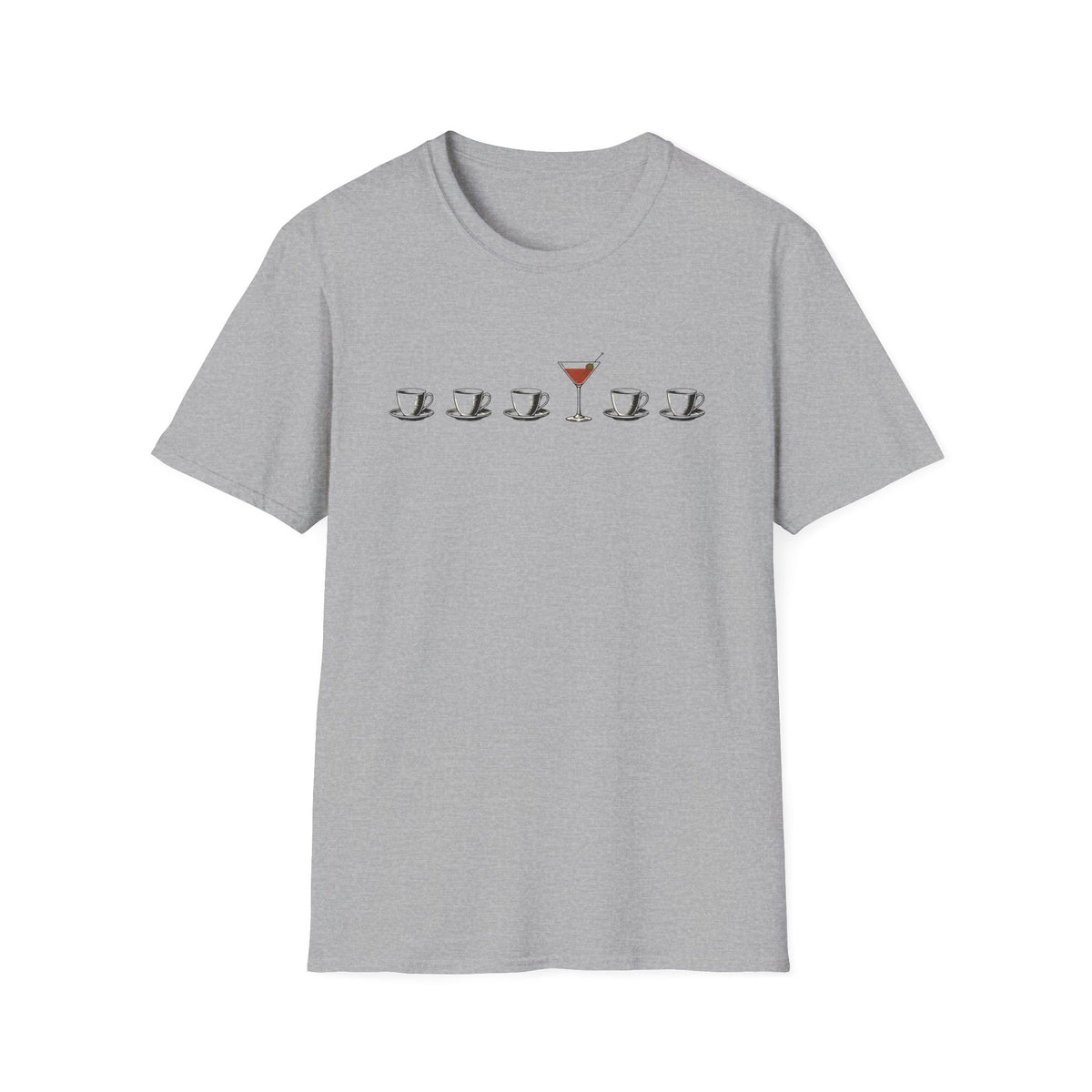 Sports grey short-sleeve crewneck t-shirt featuring a graphic print on the chest of five coffee cups in a row, with the center cup replaced by a martini glass filled with red drink.