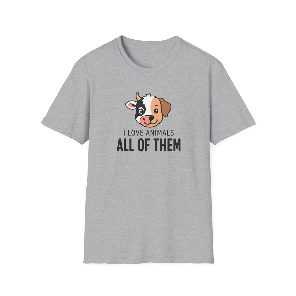 A sports grey vegan short-sleeve crewneck t-shirt featuring a cartoon dog graphic and the text 'I LOVE ANIMALS ALL OF THEM' printed on the chest, displayed against a solid white background.