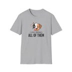 A sports grey vegan short-sleeve crewneck t-shirt featuring a cartoon dog graphic and the text 'I LOVE ANIMALS ALL OF THEM' printed on the chest, displayed against a solid white background.