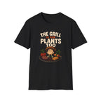 Black t-shirt with mushroom graphic on a grill with text 'the grill is for plants too'