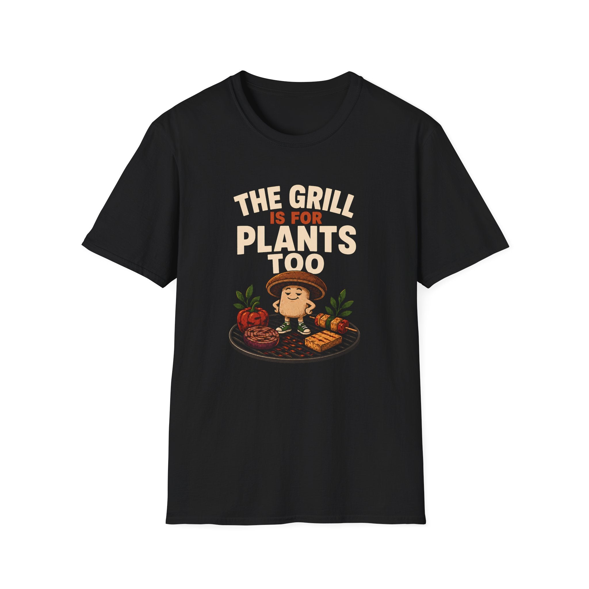 Black t-shirt with mushroom graphic on a grill with text 'the grill is for plants too'