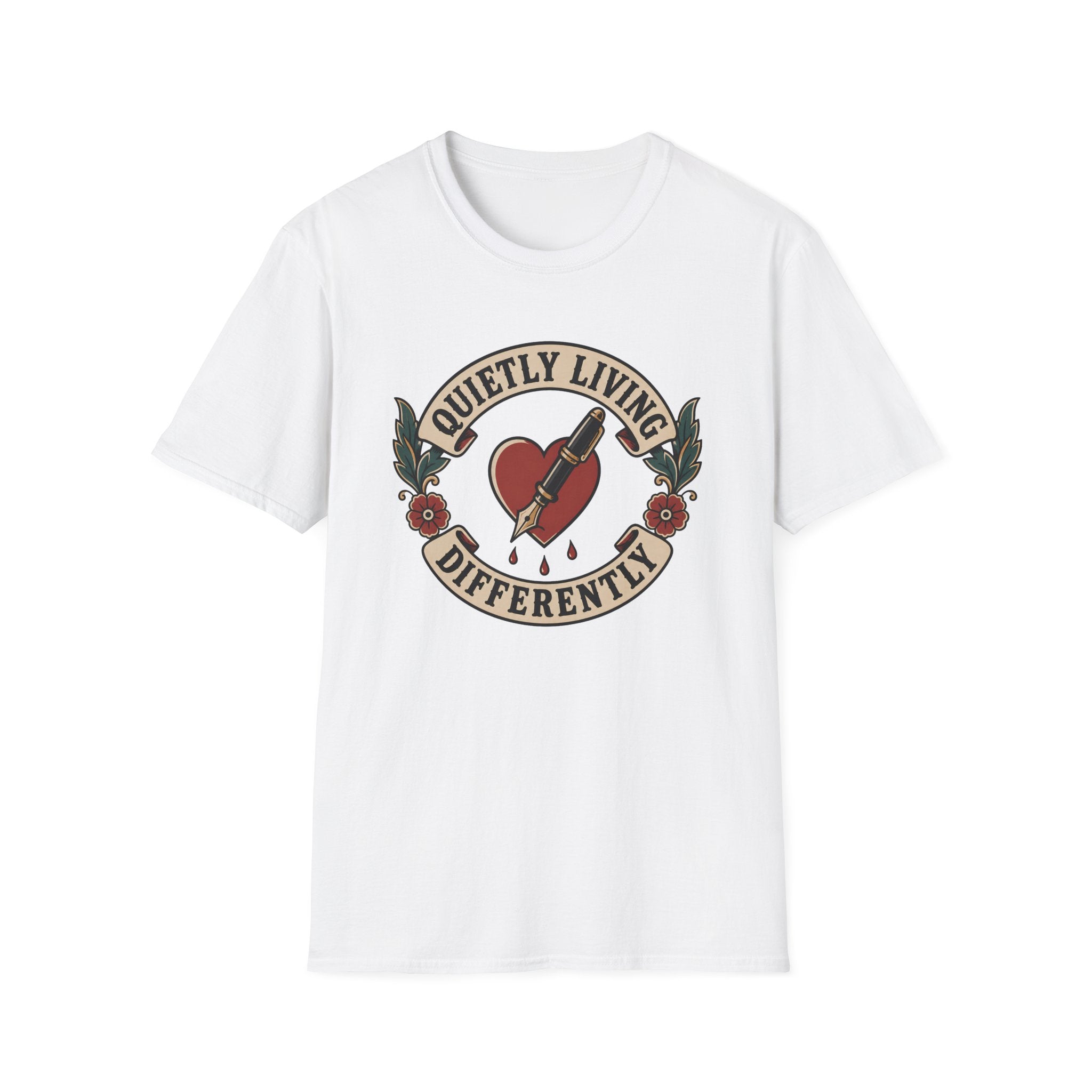 A white short-sleeve crewneck t-shirt featuring a vintage-style tattoo graphic on the chest. The graphic depicts a red heart pierced by a needle, with banners reading 'QUIETLY LIVING' and 'DIFFERENTLY' flanked by green leaves and red roses.