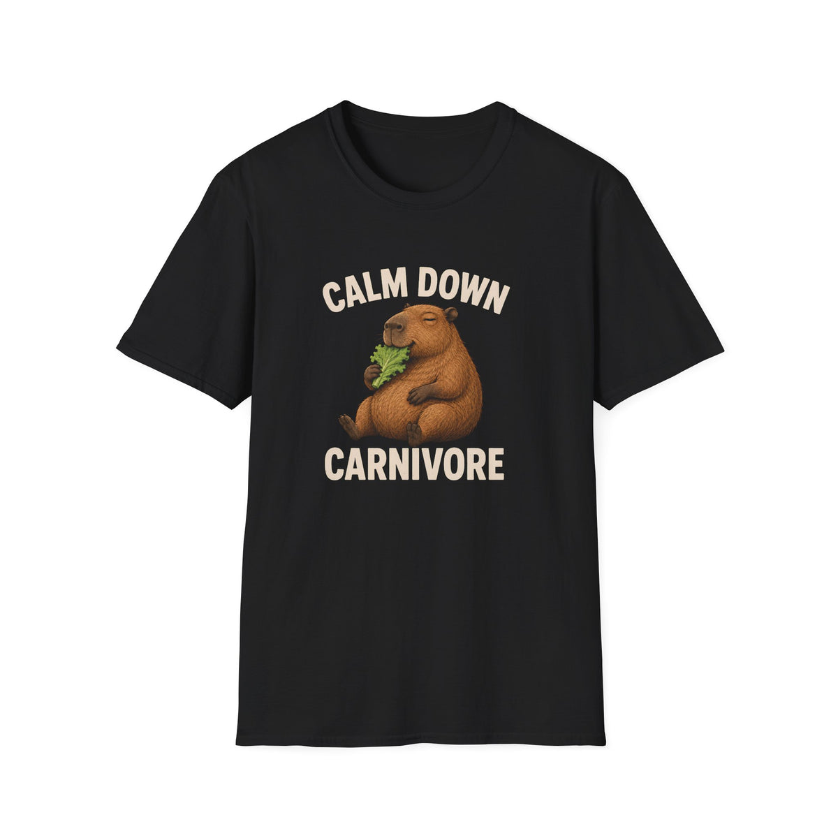 A black vegan short-sleeve crewneck t-shirt featuring a cartoon graphic of a brown groundhog holding green lettuce, with the text 'CALM DOWN CARNIVORE' printed in beige above and below the illustration.