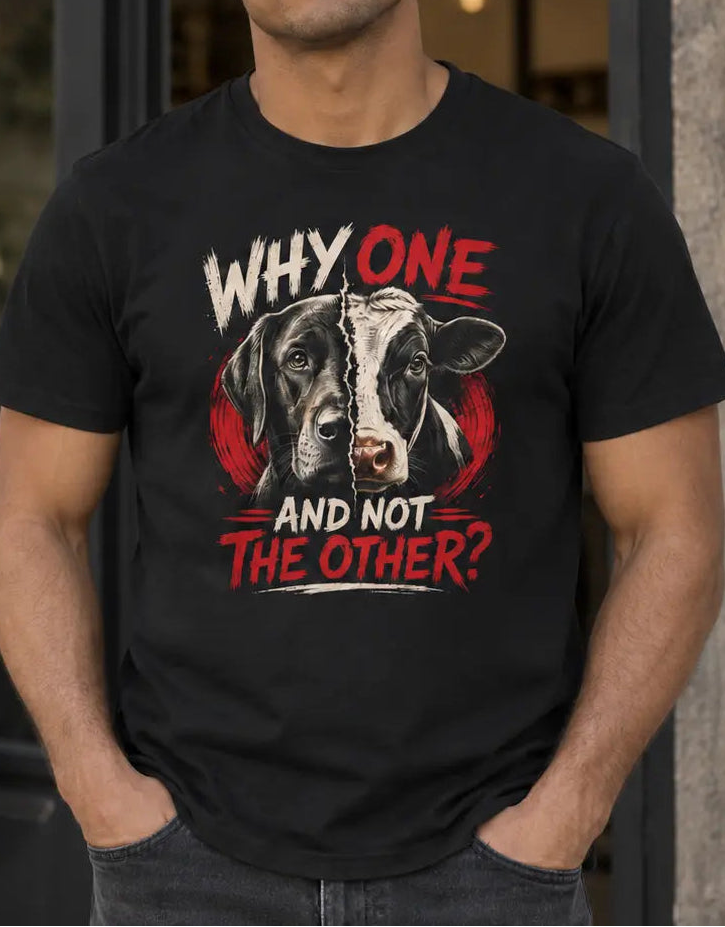 Man wearing a black tee with a vegan mage of half a dog and half a cow and text 'why one and not the other?'