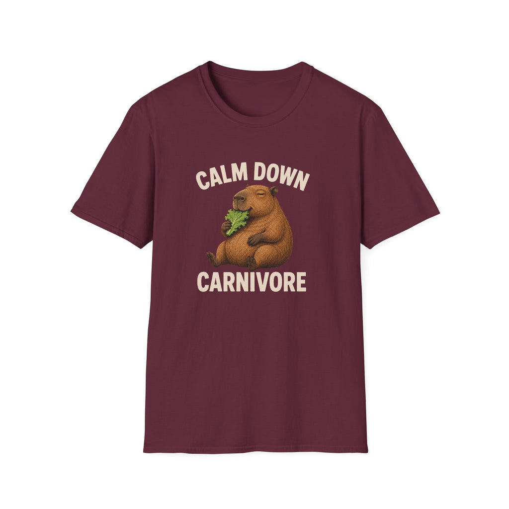 Maroon vegan short-sleeve crewneck t-shirt featuring a cartoon graphic of a brown groundhog holding green lettuce, with the text 'CALM DOWN CARNIVORE' printed in beige above and below the illustration.