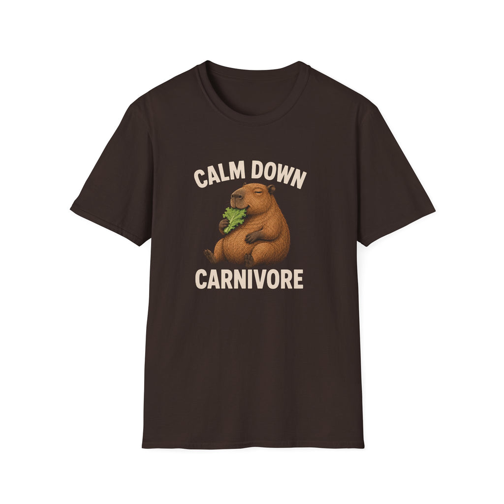 A vegan dark brown short-sleeve t-shirt with a graphic of a brown groundhog holding green lettuce, with the text 'CALM DOWN CARNIVORE' in beige, displayed on a solid white background.