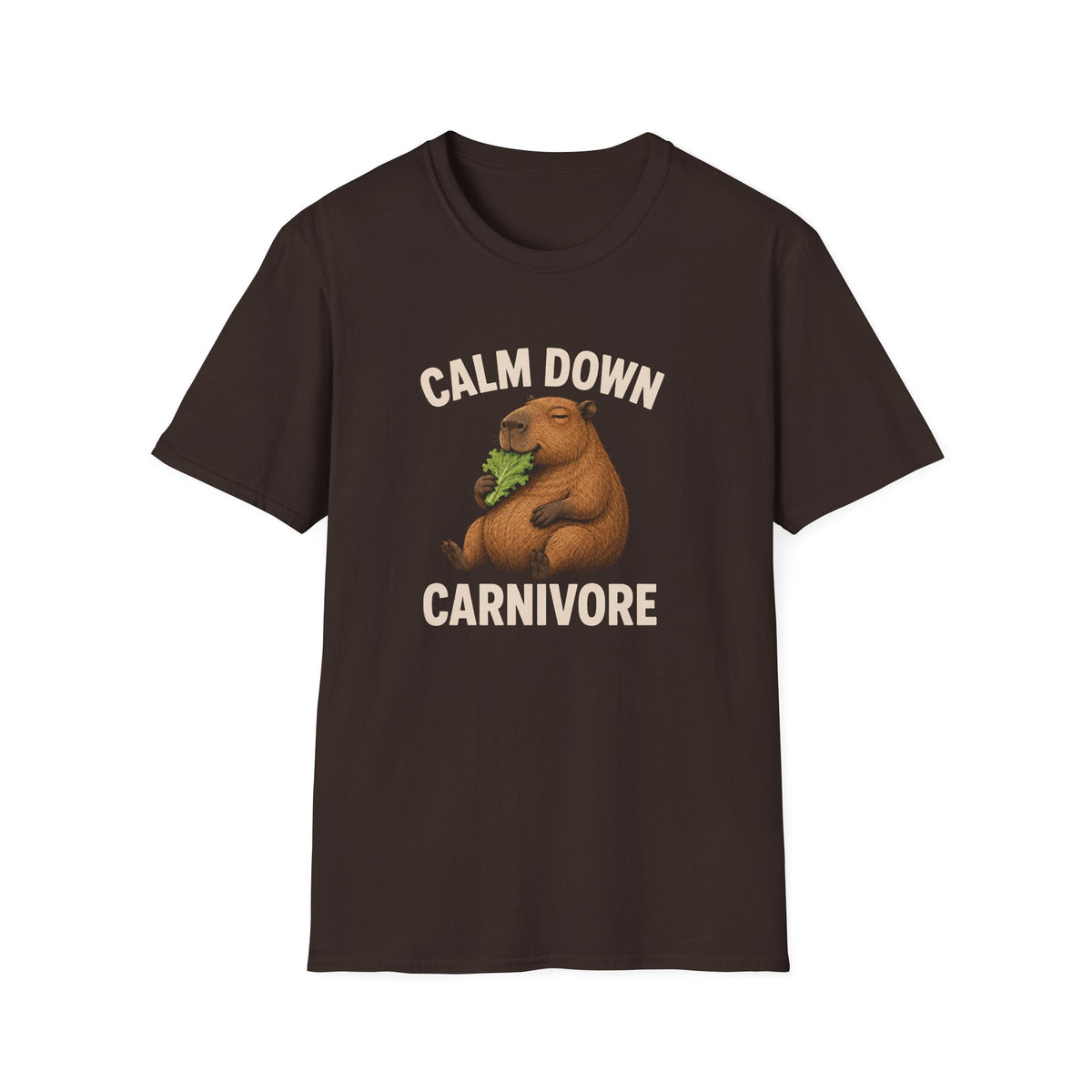 A vegan dark brown short-sleeve t-shirt with a graphic of a brown groundhog holding green lettuce, with the text 'CALM DOWN CARNIVORE' in beige, displayed on a solid white background.