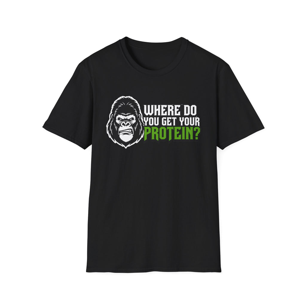 A black short-sleeve crewneck t-shirt featuring a graphic print of a gorilla head and the text 'WHERE DO YOU GET YOUR PROTEIN?' in white and green, displayed on a solid white background.