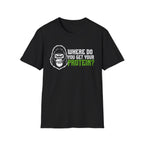 A black short-sleeve crewneck t-shirt featuring a graphic print of a gorilla head and the text 'WHERE DO YOU GET YOUR PROTEIN?' in white and green, displayed on a solid white background.