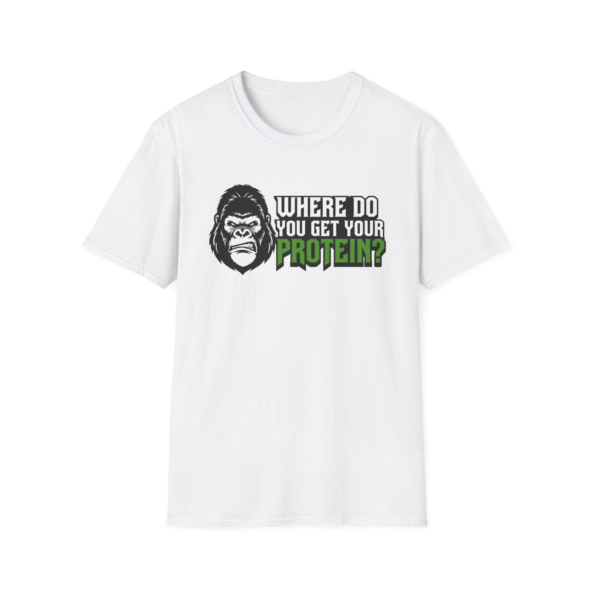 A white short-sleeve crewneck t-shirt featuring a graphic print of a gorilla head and the text 'WHERE DO YOU GET YOUR PROTEIN?' in white and green, displayed on a clean white background.