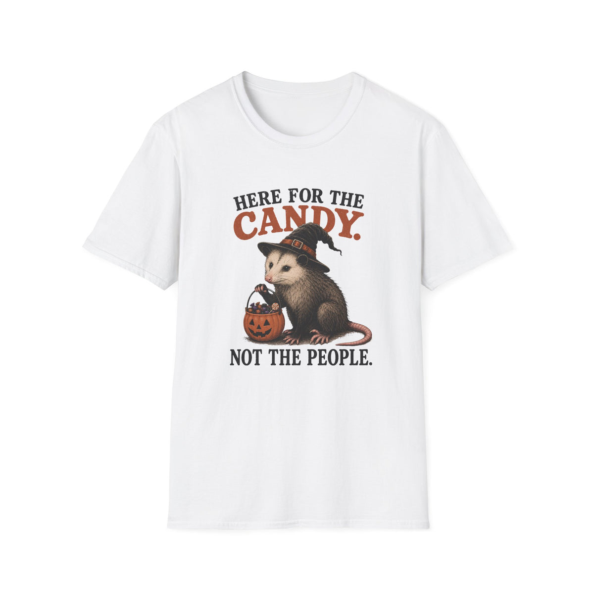 A white short-sleeve crewneck t-shirt featuring a Halloween graphic of an opossum wearing a witch hat and holding a jack-o'-lantern, with the text 'HERE FOR THE CANDY. NOT THE PEOPLE.