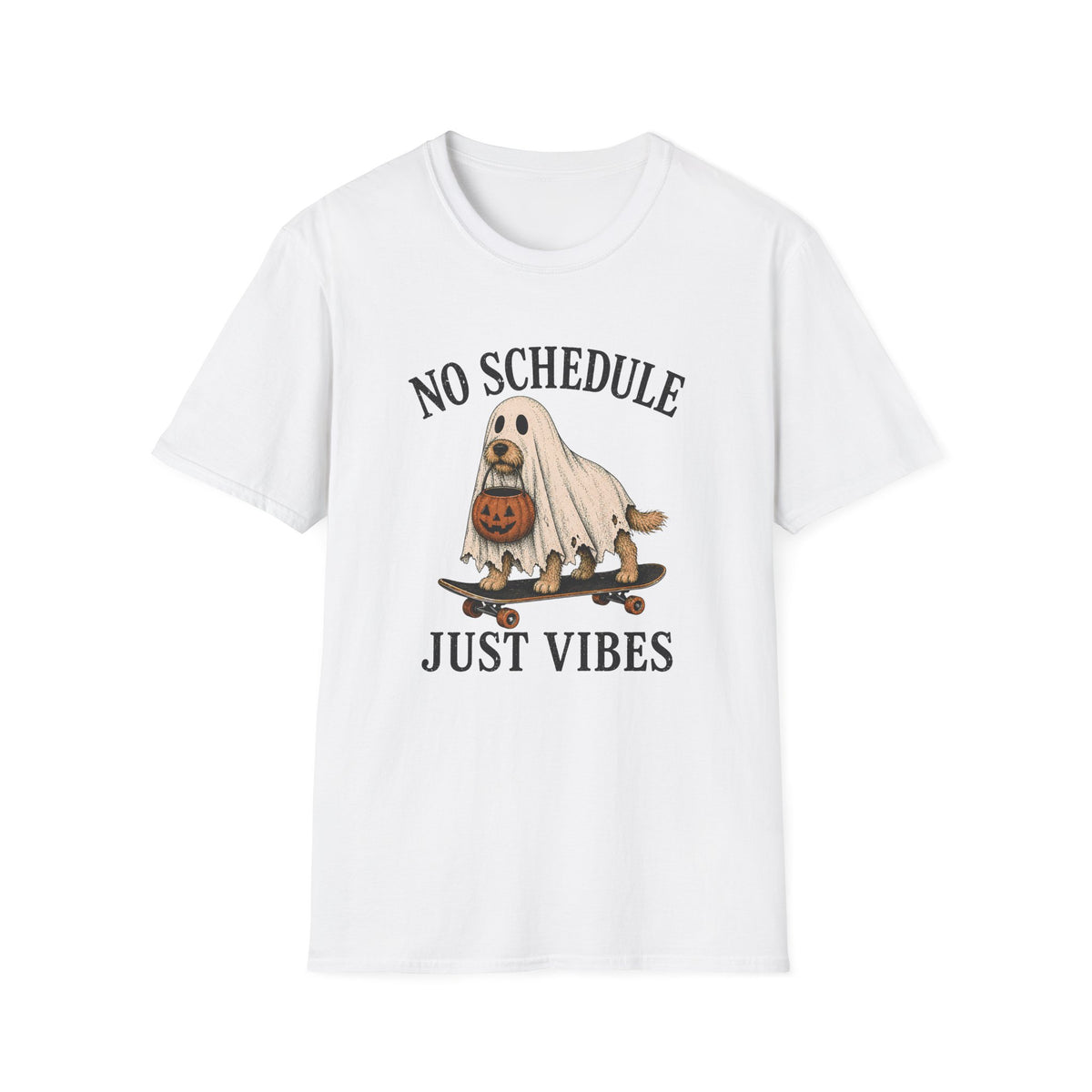 A white short-sleeve crewneck t-shirt featuring a cartoon graphic of a dog dressed as a ghost on a skateboard with a pumpkin, with the text 'NO SCHEDULE JUST VIBES' printed in black.