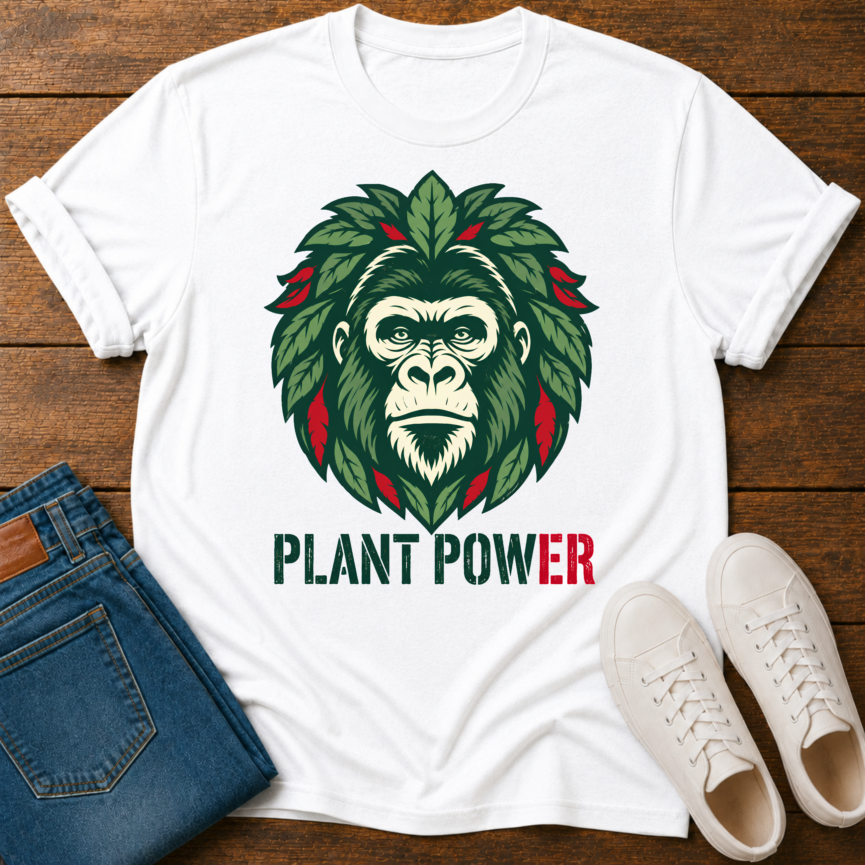 A white short-sleeve graphic T-shirt laid flat on a wooden surface, styled with folded blue jeans and white sneakers. The shirt features a large illustrated gorilla face surrounded by green leaves with red accents, and the text 'PLANT POWER' printed below.